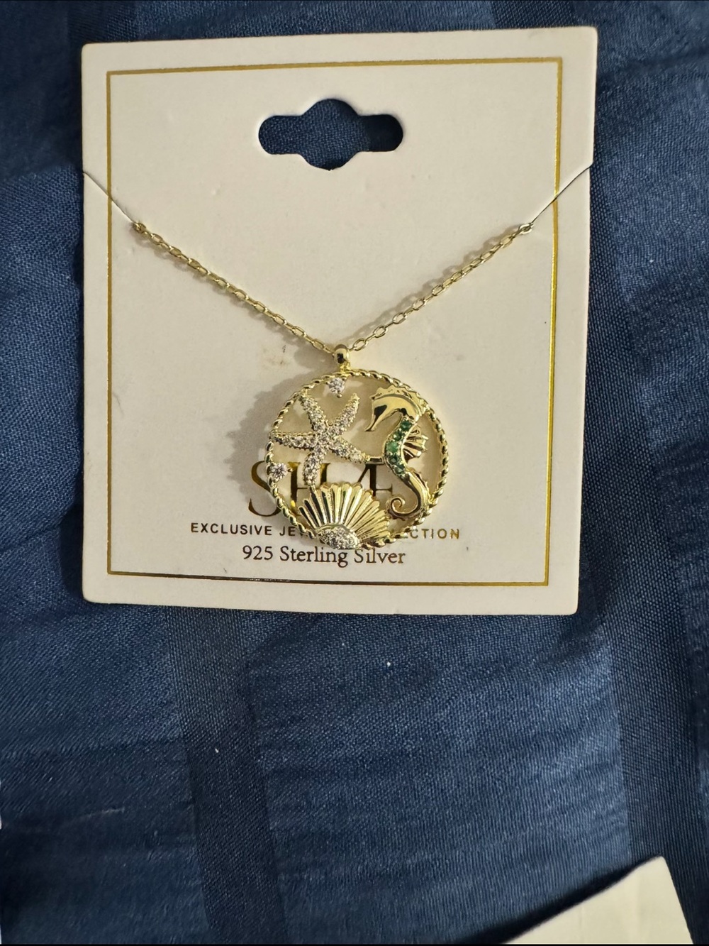 Sea Life Gold-Tone Pendant Necklace with Green Accent - 925 Sterling Silver